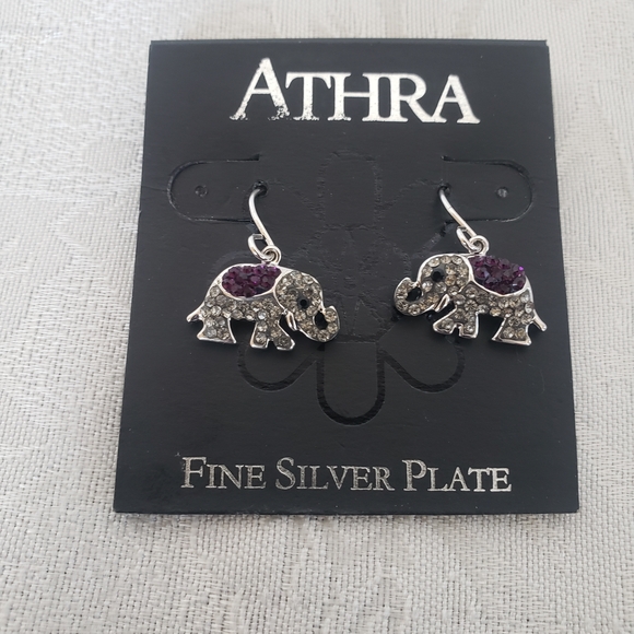 athra Jewelry - Silver-Plate Elephant Earrings with Purple Crystal Accents